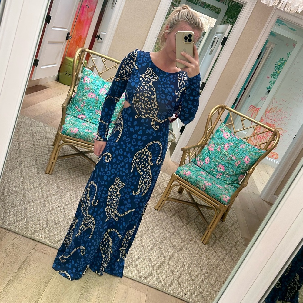 Lilly Pulitzer Blue and Cream Leopard Maxi Dress